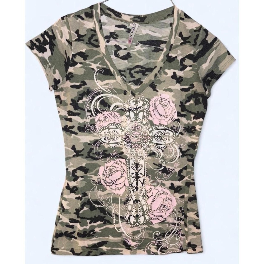 Y2K Ransom Camo V-Neck Top Pink Rose Cross Graphic Rhinestone Y2K Green Medium